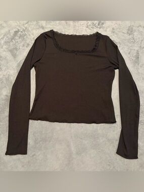 Women's Square Neck Long Sleeve Lace-Trim Top - Black